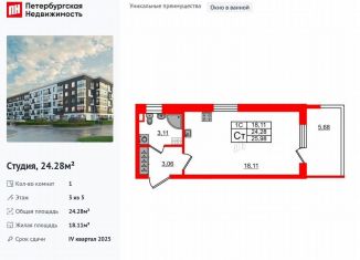 Продается квартира студия, 24.3 м2, Санкт-Петербург, муниципальный округ Пулковский Меридиан