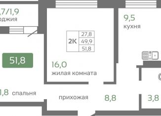 Продаю двухкомнатную квартиру, 51.8 м2, Красноярск, Октябрьский район