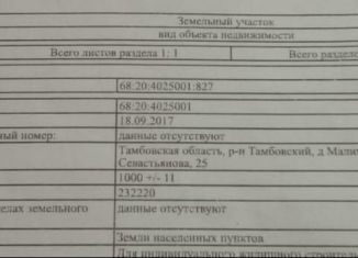 Продаю земельный участок, 10 сот., Тамбовская область, улица имени Сергея Севастьянова, 25