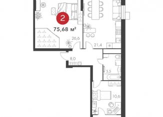Продается двухкомнатная квартира, 75.7 м2, Самара