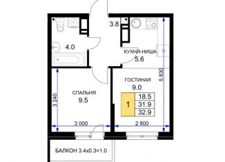 Продается однокомнатная квартира, 32.9 м2, Краснодар, ЖК Ракурс, улица имени Героя Ростовского, 8к7