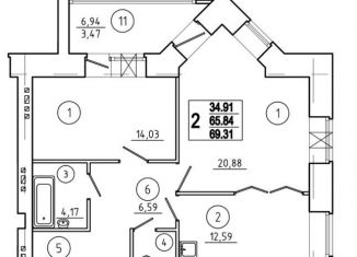 Продам 2-ком. квартиру, 70.5 м2, Омск, улица Булгакова, 6