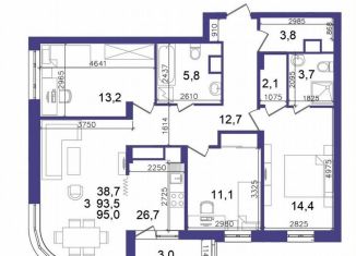 3-комнатная квартира на продажу, 95 м2, Рязань, Быстрецкая улица, 10к1