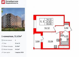 Продаю 1-ком. квартиру, 31.6 м2, Санкт-Петербург, метро Улица Дыбенко