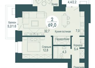 Продается двухкомнатная квартира, 69 м2, Красноярский край, улица Авиаторов, 34