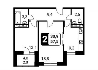 2-комнатная квартира на продажу, 57.5 м2, посёлок Развилка, жилой комплекс Три Квартала, к11, ЖК Три Квартала