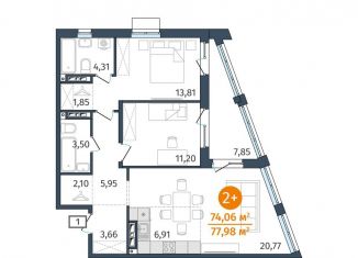 Продается 2-комнатная квартира, 74.1 м2, Тюменская область, улица Тимофея Кармацкого, 17