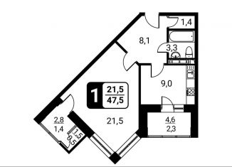 Продам однокомнатную квартиру, 47.5 м2, посёлок Развилка, жилой комплекс Три Квартала, к11, ЖК Три Квартала