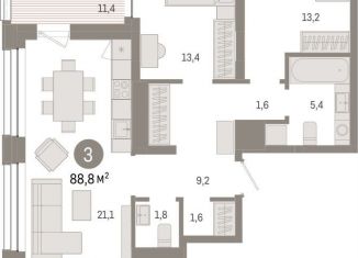 Продается 3-комнатная квартира, 88.8 м2, Тюмень, Центральный округ