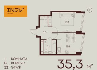 1-комнатная квартира на продажу, 35.3 м2, Москва, Хорошевский район
