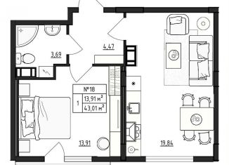 1-комнатная квартира на продажу, 43 м2, деревня Малое Верево