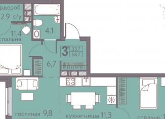 Продам трехкомнатную квартиру, 58.7 м2, Пермь