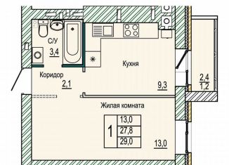 Продаю 1-ком. квартиру, 29 м2, Волгоград