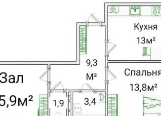 2-ком. квартира на продажу, 57.3 м2, Республика Башкортостан, Сиреневый бульвар, 2