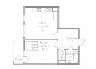 Продается 1-комнатная квартира, 51.9 м2, Липецк