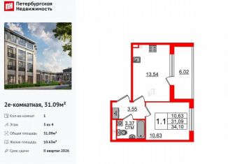 Продам однокомнатную квартиру, 31.1 м2, посёлок Стрельна