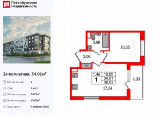 Однокомнатная квартира на продажу, 34 м2, Санкт-Петербург, метро Звёздная