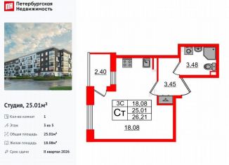 Продается квартира студия, 25 м2, Санкт-Петербург, муниципальный округ Пулковский Меридиан