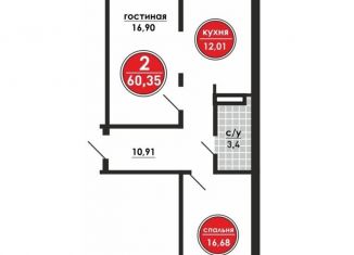 2-комнатная квартира на продажу, 61.1 м2, Челябинск, набережная Героя России С.А. Кислова, 23, ЖК Манхэттен