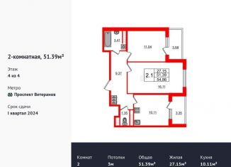 Продажа 2-ком. квартиры, 51.4 м2, Санкт-Петербург, ЖК Солнечный Город. Резиденции