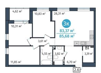 Продаю трехкомнатную квартиру, 83.4 м2, Тюмень, Краснооктябрьская улица, 8, ЖК ДОК