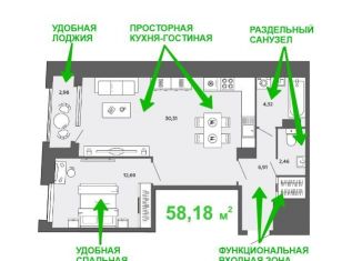 Двухкомнатная квартира на продажу, 58.2 м2, Архангельск