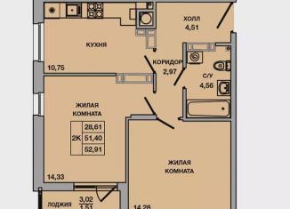 Продажа 2-комнатной квартиры, 52.9 м2, Батайск, ЖК Пальмира 2.0