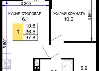 Продажа 1-комнатной квартиры, 37.8 м2, Краснодар, ЖК Дыхание