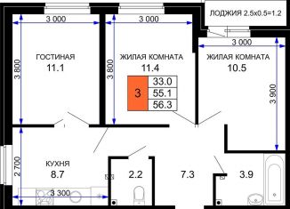 Продается 3-комнатная квартира, 56.3 м2, Краснодар, улица Лётчика Позднякова, 2, ЖК Дыхание