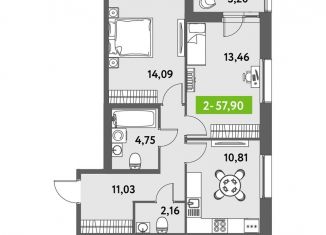 Продается 2-ком. квартира, 57.9 м2, Санкт-Петербург, Московский район