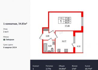 Продам 1-ком. квартиру, 34.1 м2, Санкт-Петербург, Пулковское шоссе, 95к3