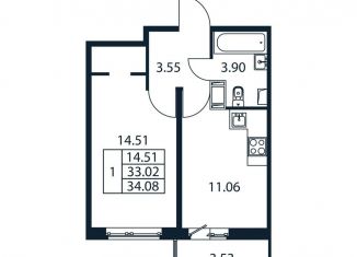 Продам 1-комнатную квартиру, 36.6 м2, Мурино
