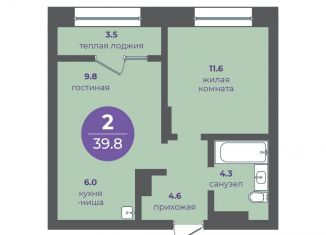 Продам 2-комнатную квартиру, 39.8 м2, Красноярск, улица Кутузова, 1
