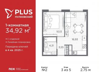 Продается 1-ком. квартира, 34.9 м2, Санкт-Петербург, муниципальный округ Пулковский Меридиан