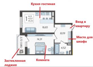 1-комнатная квартира на продажу, 45.4 м2, Краснодар