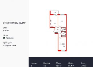2-ком. квартира на продажу, 59.8 м2, Санкт-Петербург, метро Удельная