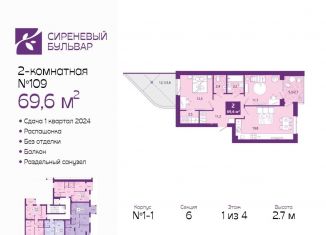 Продается 2-комнатная квартира, 69.6 м2, Калининград