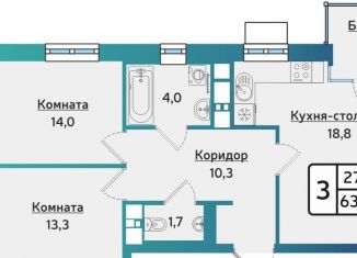 Продаю трехкомнатную квартиру, 63.6 м2, Ижевск, Устиновский район