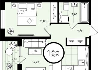1-комнатная квартира на продажу, 37.4 м2, Тюмень