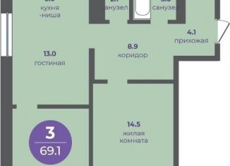 Продажа 3-комнатной квартиры, 69.1 м2, Красноярск, улица Кутузова, 1