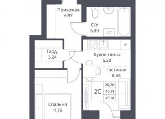 1-комнатная квартира на продажу, 43.1 м2, Новосибирск, Калининский район