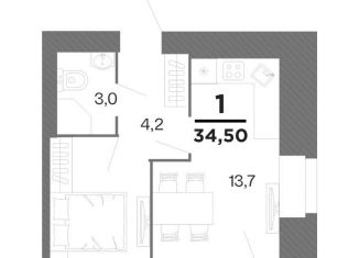 Однокомнатная квартира на продажу, 34.5 м2, Рязань