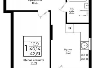 1-комнатная квартира на продажу, 42.6 м2, Краснодар