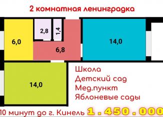 Продается двухкомнатная квартира, 47.2 м2, Самарская область, посёлок Октябрьский, 13