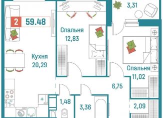 Продажа двухкомнатной квартиры, 59.5 м2, Мурино, ЖК Графика