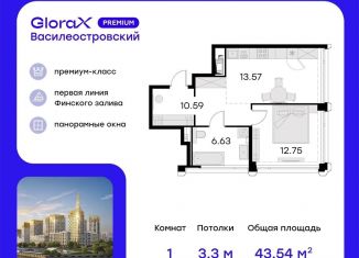 Продается 1-ком. квартира, 43.5 м2, Санкт-Петербург, метро Приморская