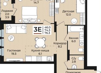 Продается 3-комнатная квартира, 76.3 м2, Пермь, Ленинский район
