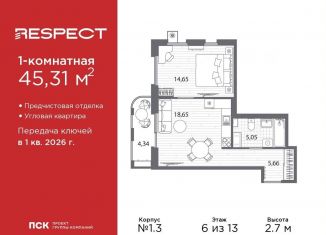 Продажа 1-комнатной квартиры, 45.3 м2, Санкт-Петербург, муниципальный округ Пискарёвка