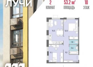 2-комнатная квартира на продажу, 53.2 м2, Москва, метро Боровское шоссе