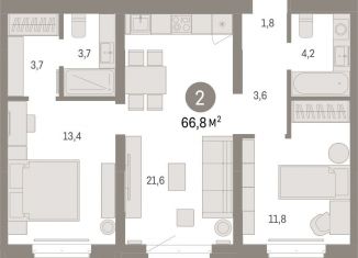 2-комнатная квартира на продажу, 66.8 м2, Тюмень